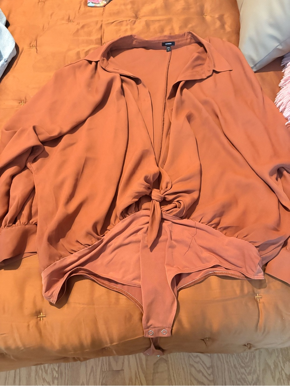 Express Rust Tie-Front Long-Sleeve Bodysuit